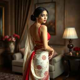 An elegant Indonesian woman depicted through an artistic and culturally rich lens, wearing a cream and red Mekhela Chadar with a red backless blouse and high heels