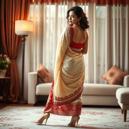 An elegant Indonesian woman depicted through an artistic and culturally rich lens, wearing a cream and red Mekhela Chadar with a red backless blouse and high heels