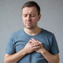 A portrayal of a person suffering from respiratory illness, clutching their chest, while showing signs of fatigue and discomfort.