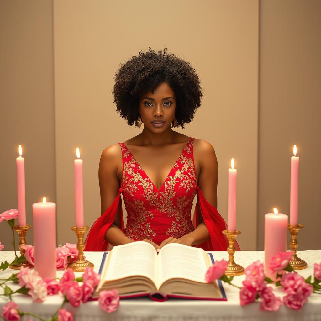 A light-skinned woman with a curly afro is poised elegantly behind an altar