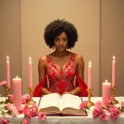 A light-skinned woman with a curly afro is poised elegantly behind an altar