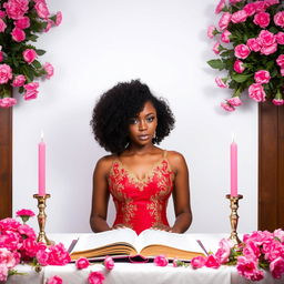 A light-skinned woman with a curly afro is poised elegantly behind an altar