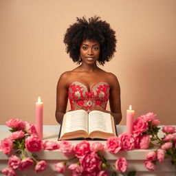 A light-skinned woman with a curly afro is poised elegantly behind an altar