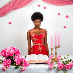 A light-skinned woman with a curly afro is poised elegantly behind an altar