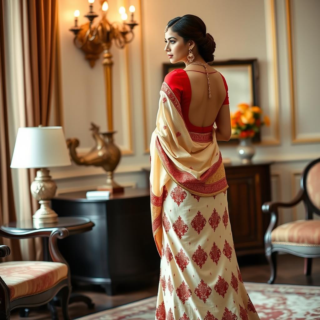 An elegant portrayal of an Indonesian woman in a cream and red Mekhela Chadar with a red backless blouse and high heels