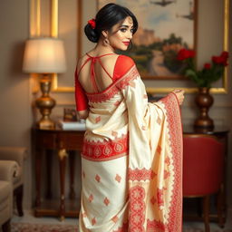 An elegant portrayal of an Indonesian woman in a cream and red Mekhela Chadar with a red backless blouse and high heels