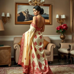 An elegant portrayal of an Indonesian woman in a cream and red Mekhela Chadar with a red backless blouse and high heels