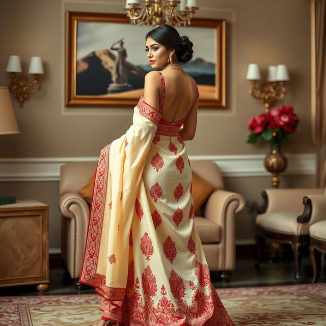 An elegant portrayal of an Indonesian woman in a cream and red Mekhela Chadar with a red backless blouse and high heels