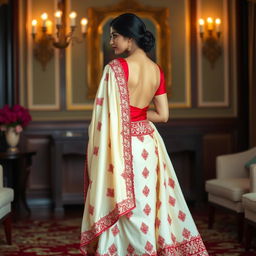 An elegant portrayal of an Indonesian woman in a cream and red Mekhela Chadar with a red backless blouse and high heels