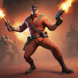 A dynamic Team Fortress 2 player with a flamboyantly striking outfit, holding an impressive weapon in an action-packed pose, set against the backdrop of a vibrant multiplayer arena.