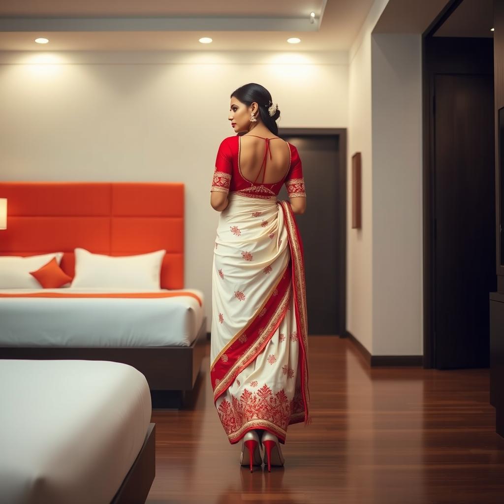 An Indonesian woman in a cream and red Mekhela Chadar with a red backless blouse and high heels, captured in a stylish OYO room