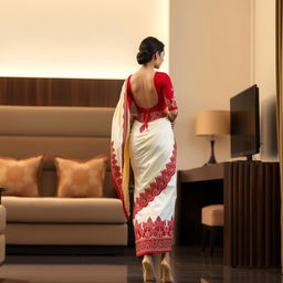 An Indonesian woman in a cream and red Mekhela Chadar with a red backless blouse and high heels, captured in a stylish OYO room