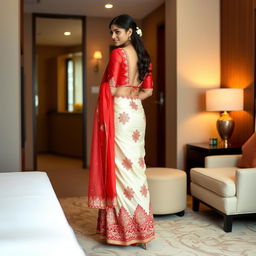 An Indonesian woman in a cream and red Mekhela Chadar with a red backless blouse and high heels, captured in a stylish OYO room