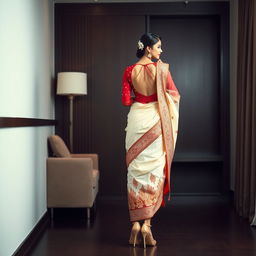 An Indonesian woman in a cream and red Mekhela Chadar with a red backless blouse and high heels, captured in a stylish OYO room