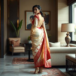 A stylish and alluring depiction of an Indonesian woman in a cream and red Mekhela Chadar with a red backless blouse and high heels