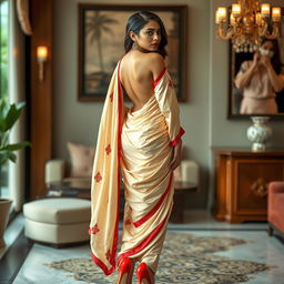 A stylish and alluring depiction of an Indonesian woman in a cream and red Mekhela Chadar with a red backless blouse and high heels