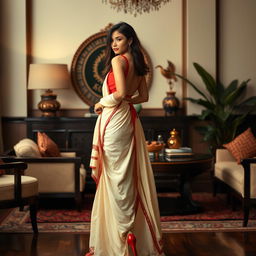 A stylish and alluring depiction of an Indonesian woman in a cream and red Mekhela Chadar with a red backless blouse and high heels