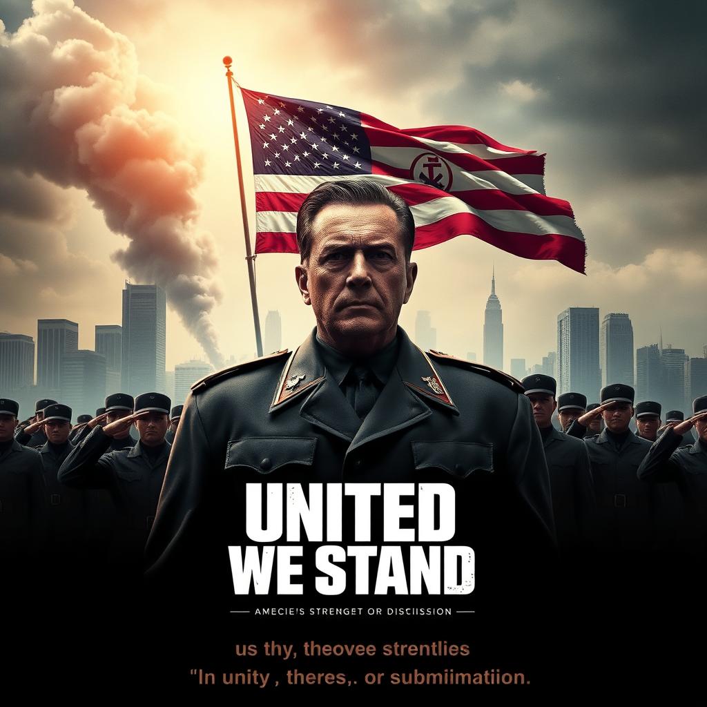 A striking movie poster titled "United We Stand" depicting a dystopian America as a dictatorship