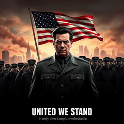 A striking movie poster titled "United We Stand" depicting a dystopian America as a dictatorship