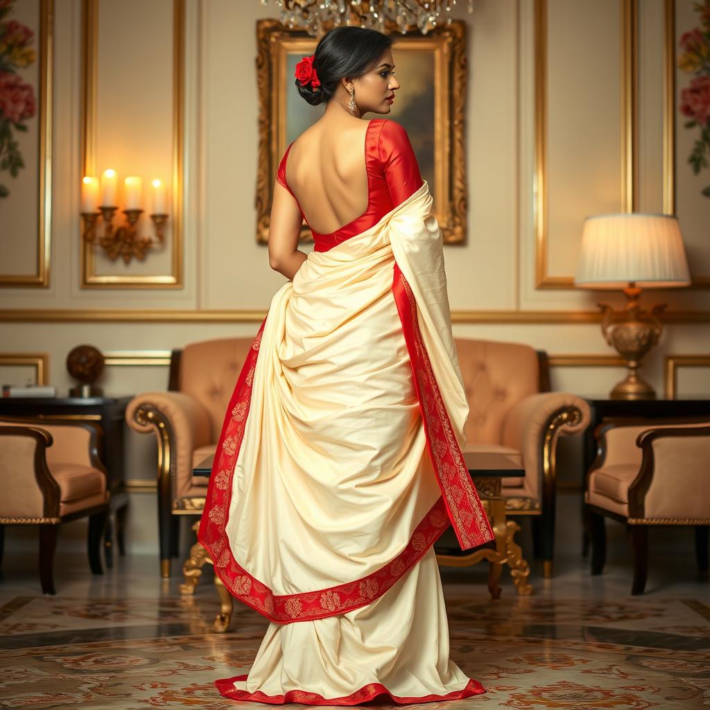 A glamorous scene featuring an Indonesian woman wrapped in a cream and red Mekhela Chadar, accentuated with a red backless blouse and high heels