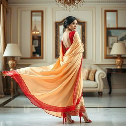 A glamorous scene featuring an Indonesian woman wrapped in a cream and red Mekhela Chadar, accentuated with a red backless blouse and high heels