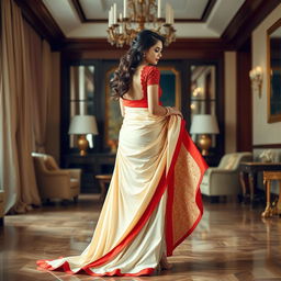 A glamorous scene featuring an Indonesian woman wrapped in a cream and red Mekhela Chadar, accentuated with a red backless blouse and high heels