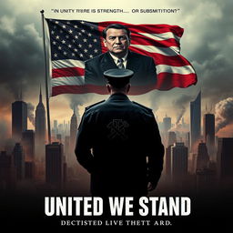 A striking movie poster titled "United We Stand" depicting a dystopian America as a dictatorship