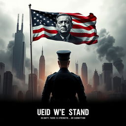 A striking movie poster titled "United We Stand" depicting a dystopian America as a dictatorship