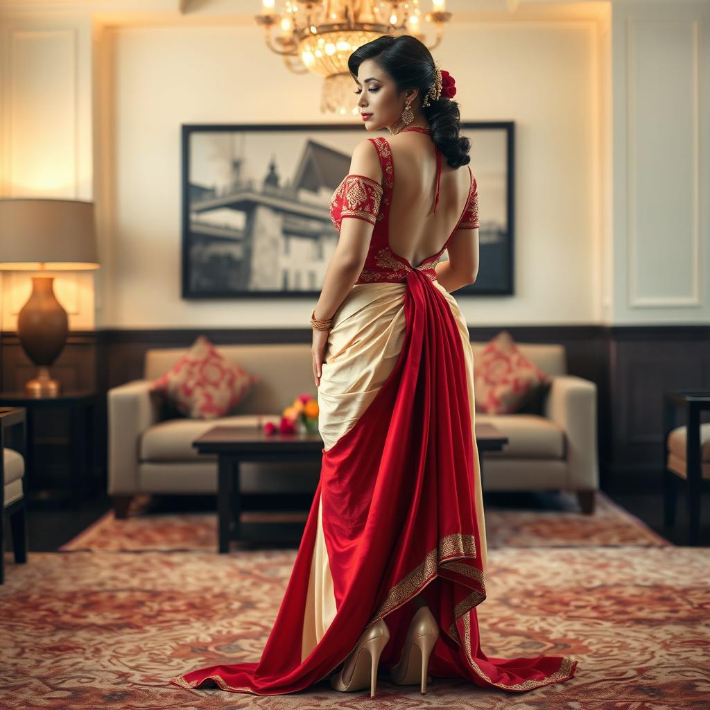 An opulent representation of an Indonesian woman adorned in an elegant cream and red Mekhela Chadar with a red backless blouse and high heels, in a stylish OYO room