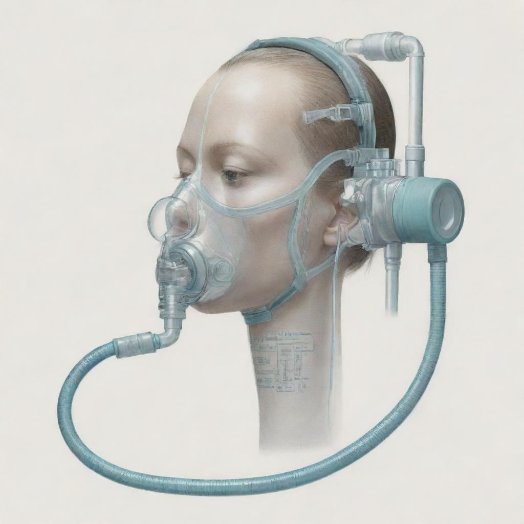 An intricate depiction of an oxygenation process, showcasing an oxygen mask or prongs connected to an oxygen machine, providing life-sustaining supplemental oxygen.