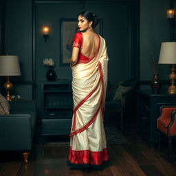 An opulent representation of an Indonesian woman adorned in an elegant cream and red Mekhela Chadar with a red backless blouse and high heels, in a stylish OYO room