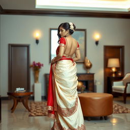 An opulent representation of an Indonesian woman adorned in an elegant cream and red Mekhela Chadar with a red backless blouse and high heels, in a stylish OYO room