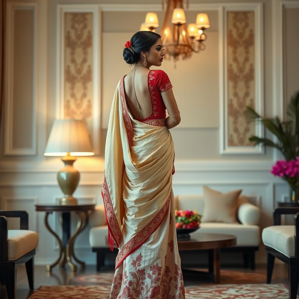 An opulent representation of an Indonesian woman adorned in an elegant cream and red Mekhela Chadar with a red backless blouse and high heels, in a stylish OYO room