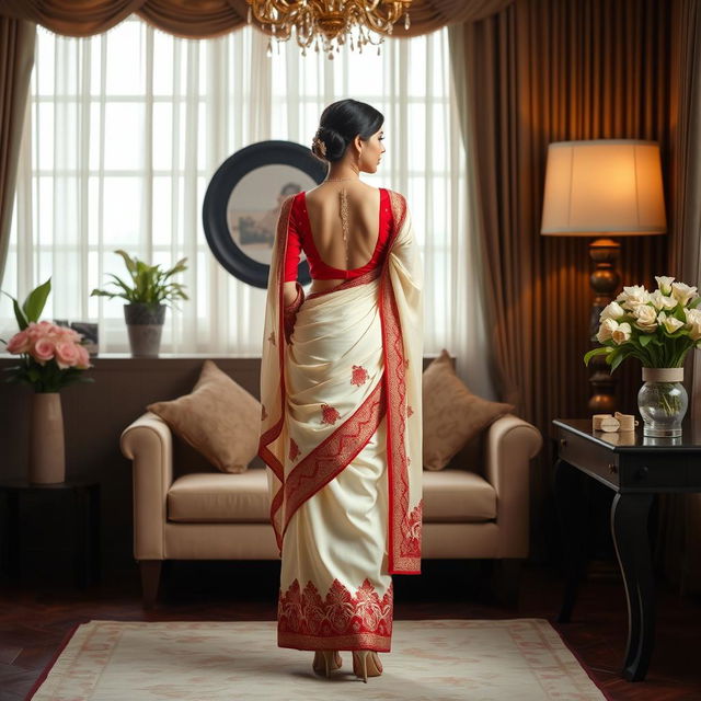 A graceful representation of an Indonesian woman in an elegant cream and red Mekhela Chadar, paired with a red backless blouse and high heels, set within a beautifully decorated OYO room