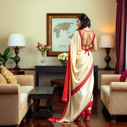 A graceful representation of an Indonesian woman in an elegant cream and red Mekhela Chadar, paired with a red backless blouse and high heels, set within a beautifully decorated OYO room