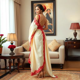 A graceful representation of an Indonesian woman in an elegant cream and red Mekhela Chadar, paired with a red backless blouse and high heels, set within a beautifully decorated OYO room