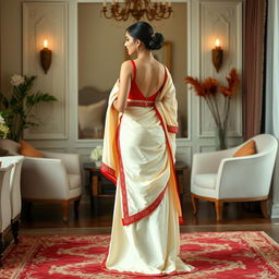 A graceful representation of an Indonesian woman in an elegant cream and red Mekhela Chadar, paired with a red backless blouse and high heels, set within a beautifully decorated OYO room