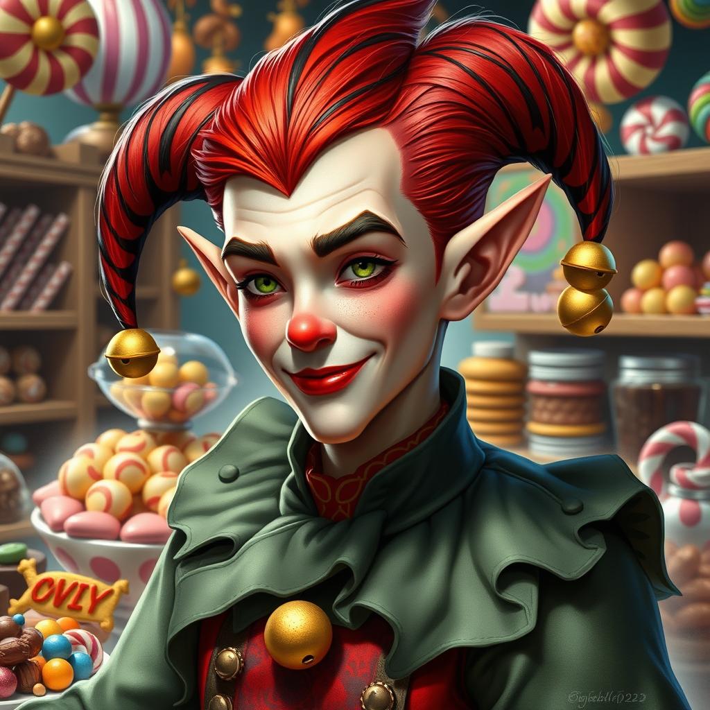 A realistic depiction of a charismatic elf with the vibrant essence of a clown