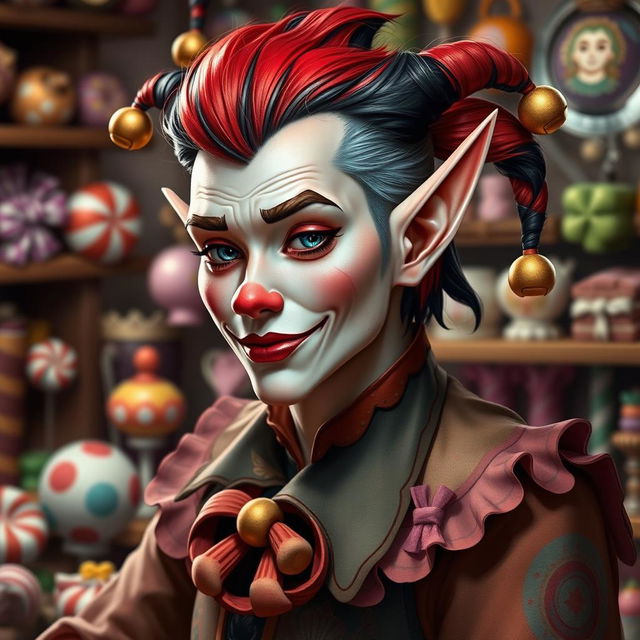 A realistic depiction of a charismatic elf with the vibrant essence of a clown