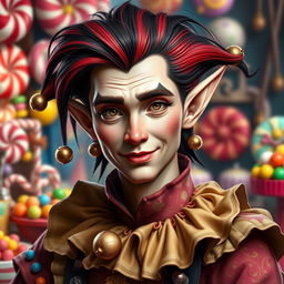 A realistic depiction of a charismatic elf with the vibrant essence of a clown