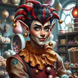 A realistic depiction of a charismatic elf with the vibrant essence of a clown