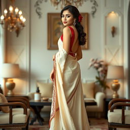 An elegant portrayal of an Indonesian woman dressed in a cream and red Mekhela Chadar, complemented by a red backless blouse and high heels, set in an aesthetically pleasing OYO room