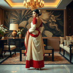 An elegant portrayal of an Indonesian woman dressed in a cream and red Mekhela Chadar, complemented by a red backless blouse and high heels, set in an aesthetically pleasing OYO room