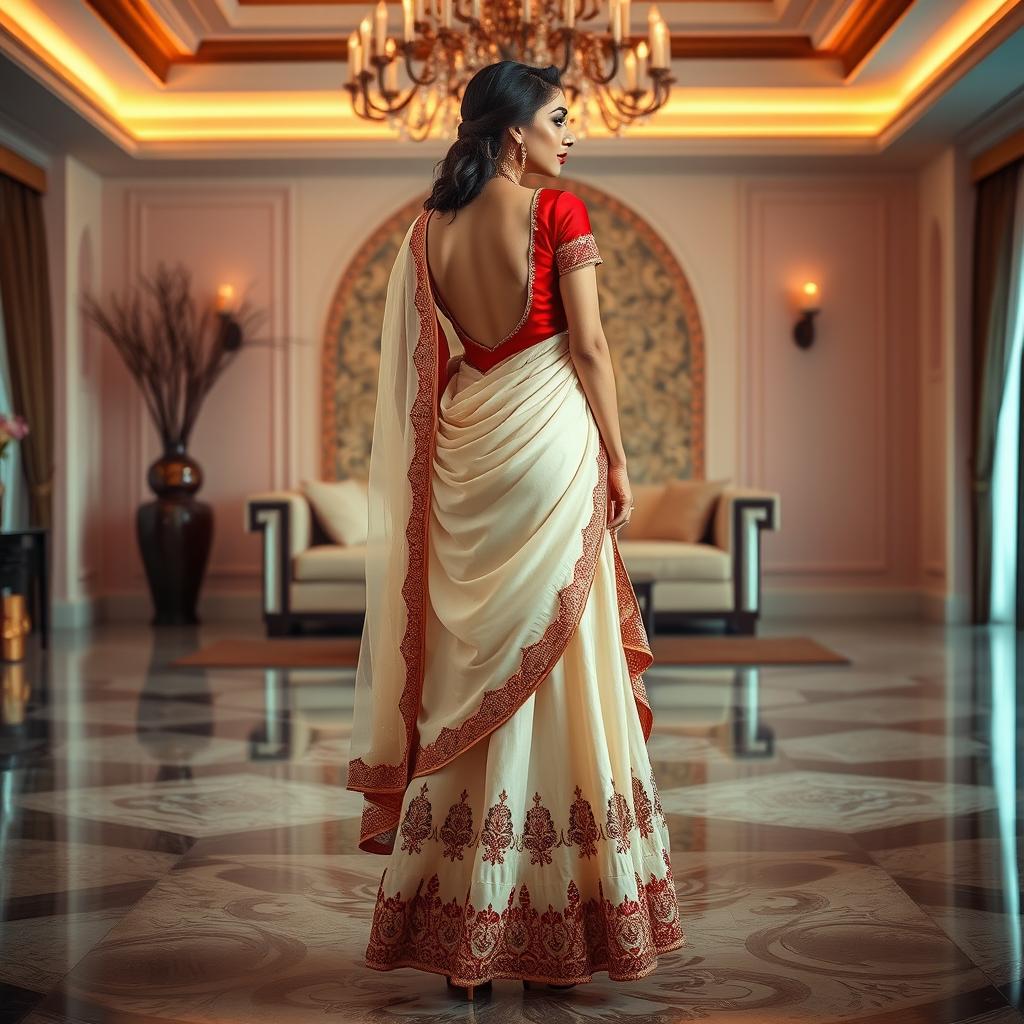 An elegant portrayal of an Indonesian woman dressed in a cream and red Mekhela Chadar, complemented by a red backless blouse and high heels, set in an aesthetically pleasing OYO room