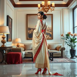 An elegant portrayal of an Indonesian woman dressed in a cream and red Mekhela Chadar, complemented by a red backless blouse and high heels, set in an aesthetically pleasing OYO room