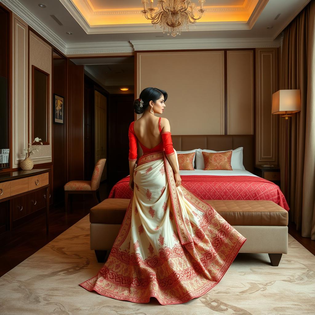 A sophisticated depiction of an Indonesian woman in an intricate cream and red Mekhela Chadar with a red backless blouse and high heels, luxuriating in an exquisitely designed OYO room