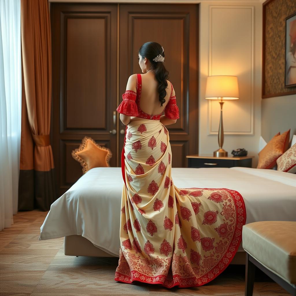 A sophisticated depiction of an Indonesian woman in an intricate cream and red Mekhela Chadar with a red backless blouse and high heels, luxuriating in an exquisitely designed OYO room