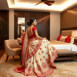 A sophisticated depiction of an Indonesian woman in an intricate cream and red Mekhela Chadar with a red backless blouse and high heels, luxuriating in an exquisitely designed OYO room