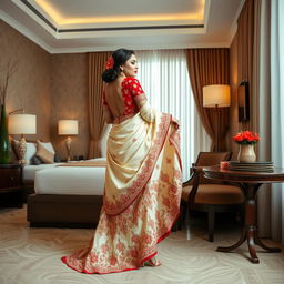 A sophisticated depiction of an Indonesian woman in an intricate cream and red Mekhela Chadar with a red backless blouse and high heels, luxuriating in an exquisitely designed OYO room