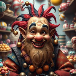 A realistic portrayal of a charming dwarf with a playful clown-like persona